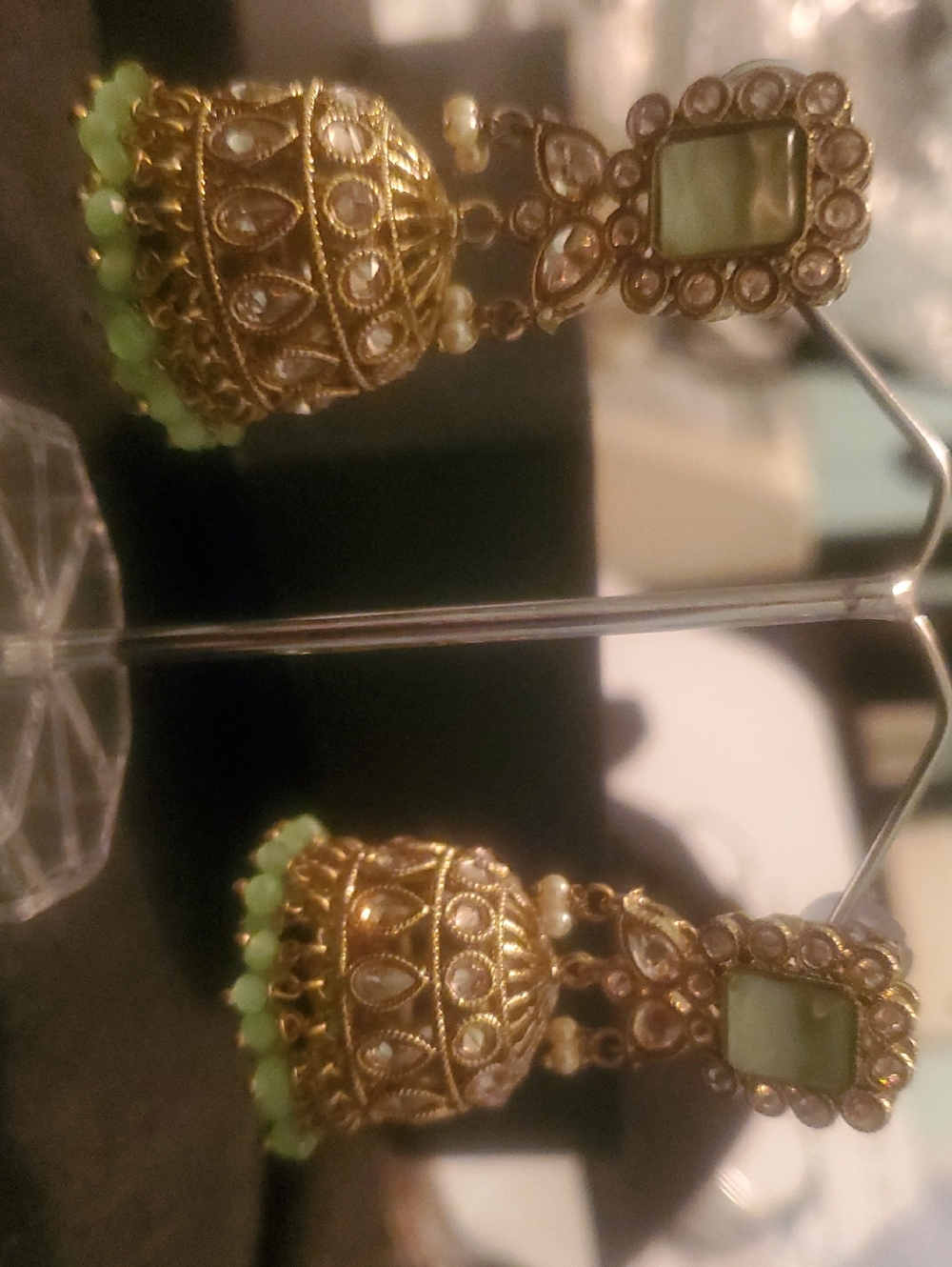Gold-Tone Jhumka Earrings with Mint Green Accents